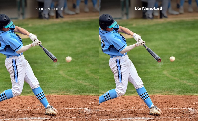 A scene of a baseball game is shown half on a conventional TV with motion blur and half on an LG NanoCell TV without motion blur.