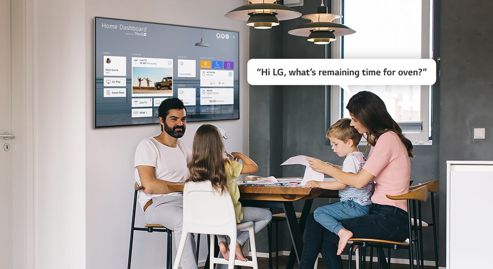 Family sitting at a table with mother asking TV remaining time for the oven.