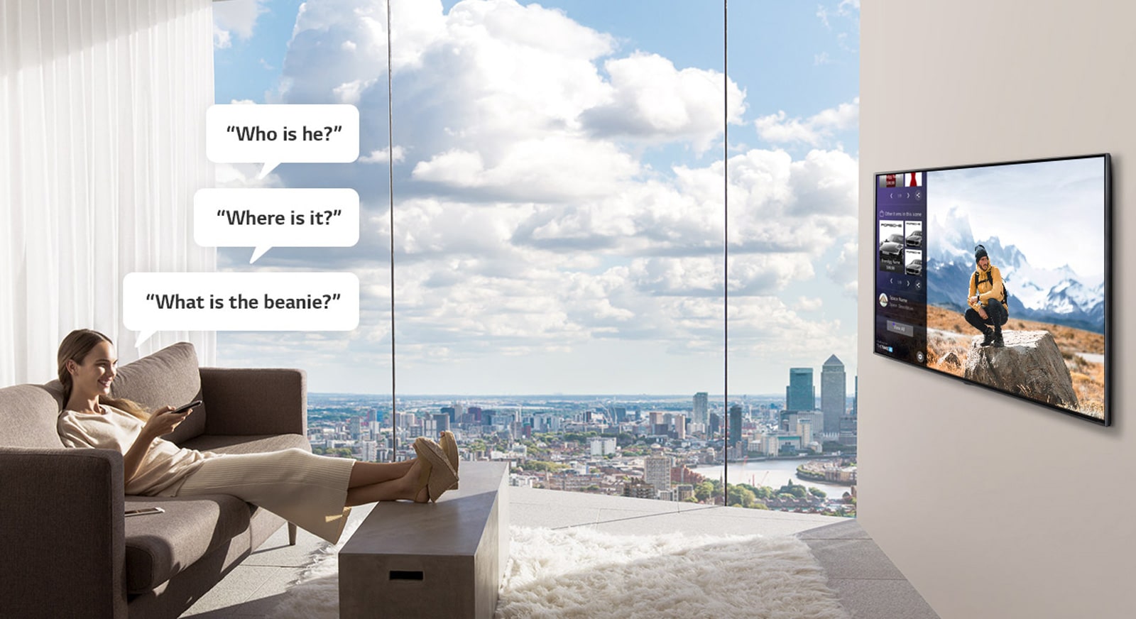 A Woman watching and asking TV, "Who is he?", "Where is it?", and "What is the beanie?" 