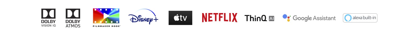 The mark of DOLBY VISION IQ, The mark of DOLBY ATMOS, The mark of FILMMAKER MODE, The mark of disney+, The mark of apple TV, The mark of NETFLIX, The mark of LG ThinQ, The mark of Google Assistant, The mark of alexa built-in