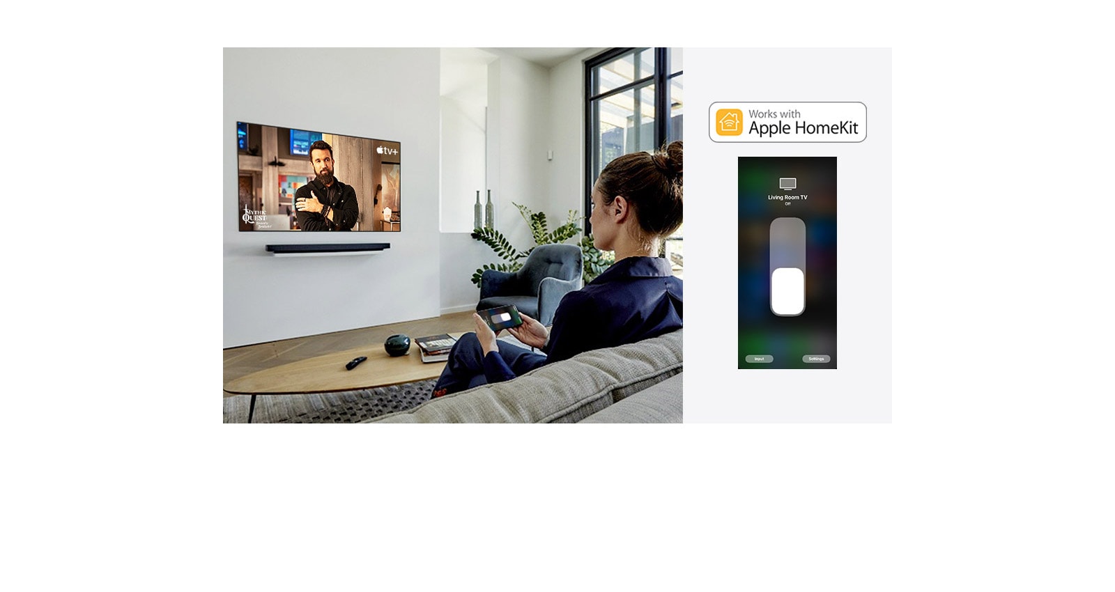 A woman on the couch watching Apple TV+ content using the Apple Homekit on her cell phone (move the slide)