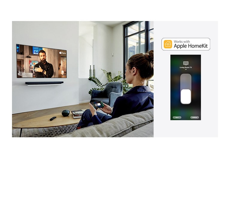 A woman on the couch watching Apple TV+ content using the Apple Homekit on her cell phone (move the slide)