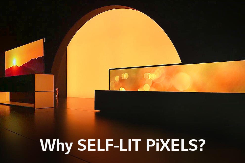 A dark room with two LG Rollable TVs showing the sunrise with its full-view and partial-view