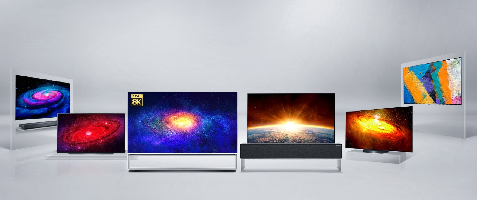 LG OLED's RX, ZX, WX, GX, CX, BX models are arranged in space