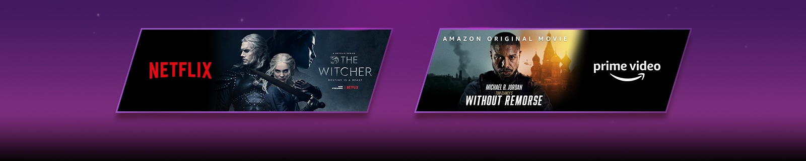 There are 2 image blocks – each with streaming platform logo and footage image. Netflix logo with the Witcher and prime video logo with Without Remorse.