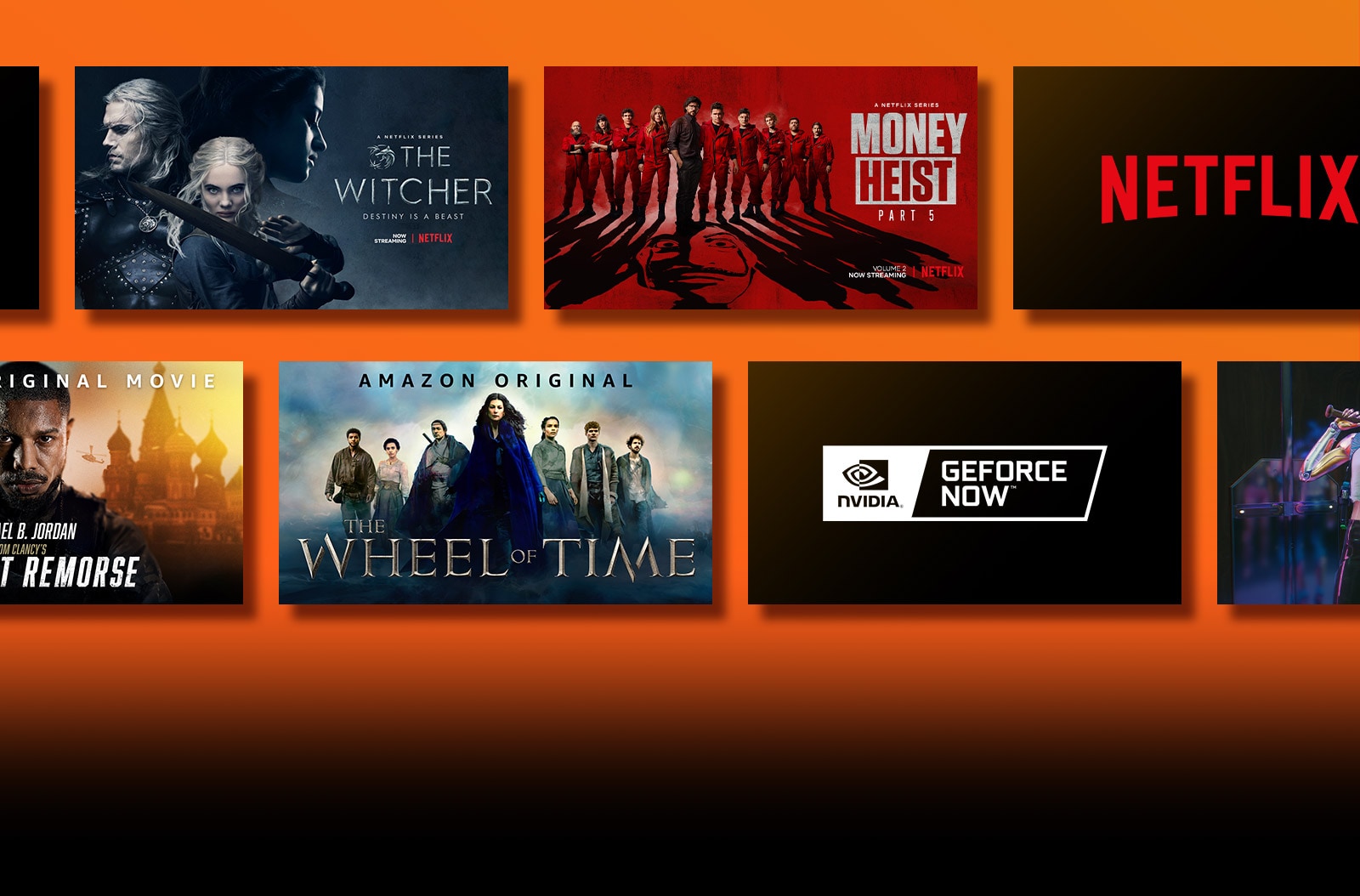 There are logos of streaming service platforms and matching footages right next to each logo. Netflix logo and money heist and the Witcher. Prime Video logo and Without Remorse and The Wheel of Time. Livenow logo and mamamoo teaser image and OneUs teaser image. 