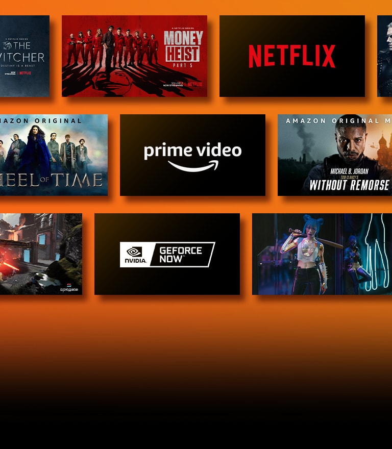 There are logos of streaming service platforms and matching footages right next to each logo. Netflix logo and money heist and the Witcher. Prime Video logo and Without Remorse and The Wheel of Time. Livenow logo and mamamoo teaser image and OneUs teaser image. 