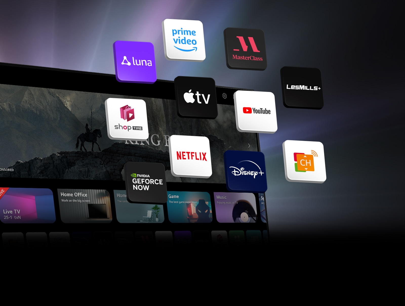 "The LG TV webOS screen is in the background and 11 blocks are floating on it. Each block has a logo image of Luna, Prime Video, Master Class, Les Mills, YouTube, Apple TV plus, Shoptime, Netflix, Disney plus, GeForce NOW, and LG Channels."