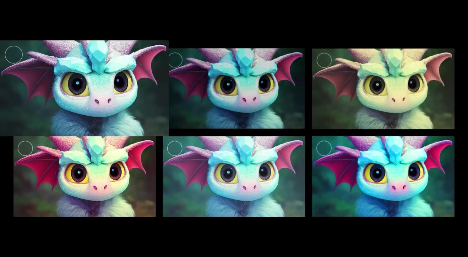 There are six types of screen adjustment images, and selecting two of them displays the next six types of screen options. A video then demonstrates the AI Picture Wizard feature by selecting two of the six screen options again.