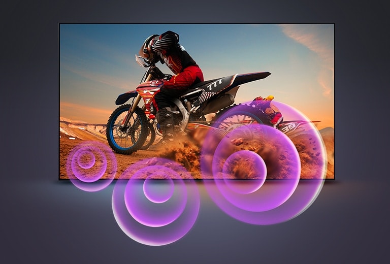 LG OLED TV depicts a man on a motorcycle with purple abstract circles coming out of the wheel to visualize sound emission.