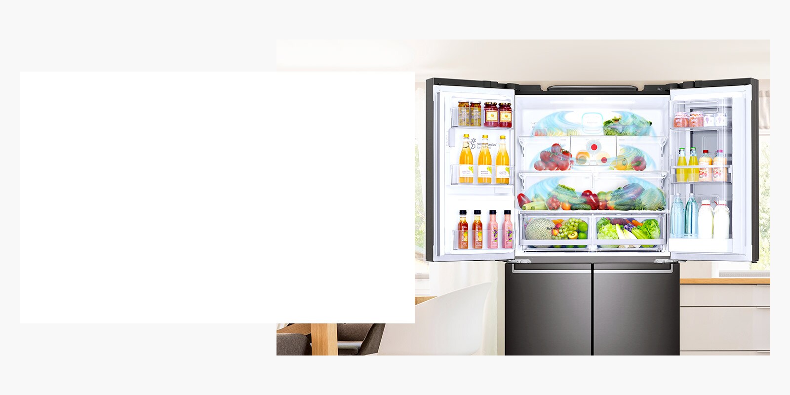 A front view of a refrigerator with two doors wide open showing a variety of foods and drinks cooling