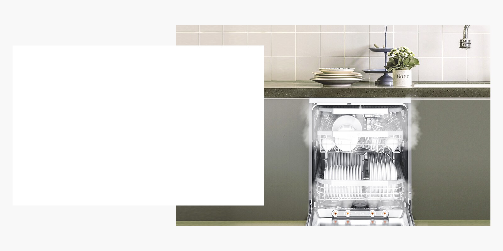 A front view of a dishwasher with its door open and steam coming out