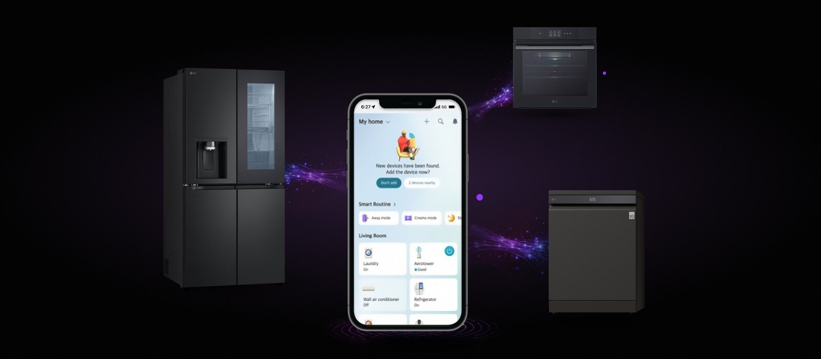 Smartphone displaying LG ThinQ app home screen connected to refrigerator, oven, and dishwasher with glowing purple connection lines	