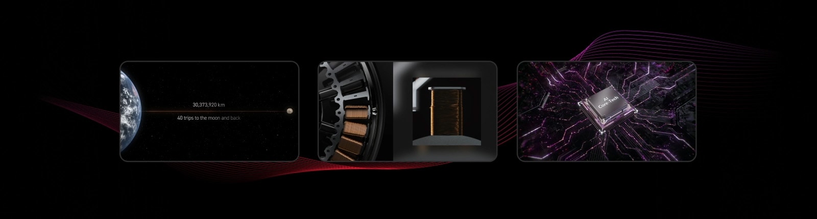 'Three videos are displayed side by side, playing simultaneously. On the left, the video shows the coils of the inverter DD motor connected from Earth to the Moon, measuring 30,373,920 km—sufficient for 40 round trips. In the center, the coils are shown being wrapped around the inverter DD motor. On the right, the AI Core-Tech chipset appears and connects to an electronic panel, with a purple light extending outward.