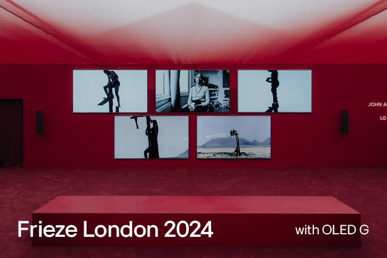 Red room with multiple LG OLED G depicting art works.