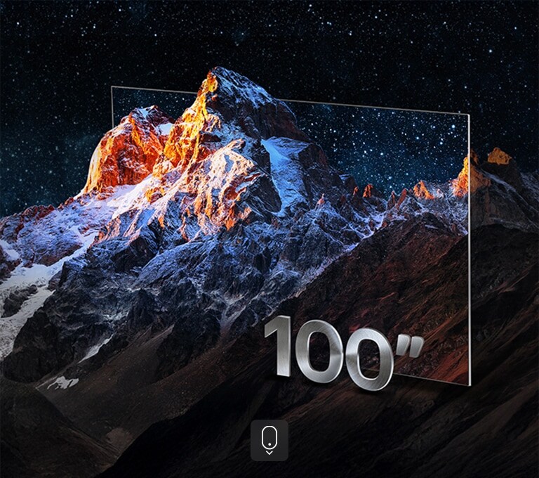 Mountain range with the frame of a TV around it as a creative way to highlight a large TV screen size. With the label 100 inches.