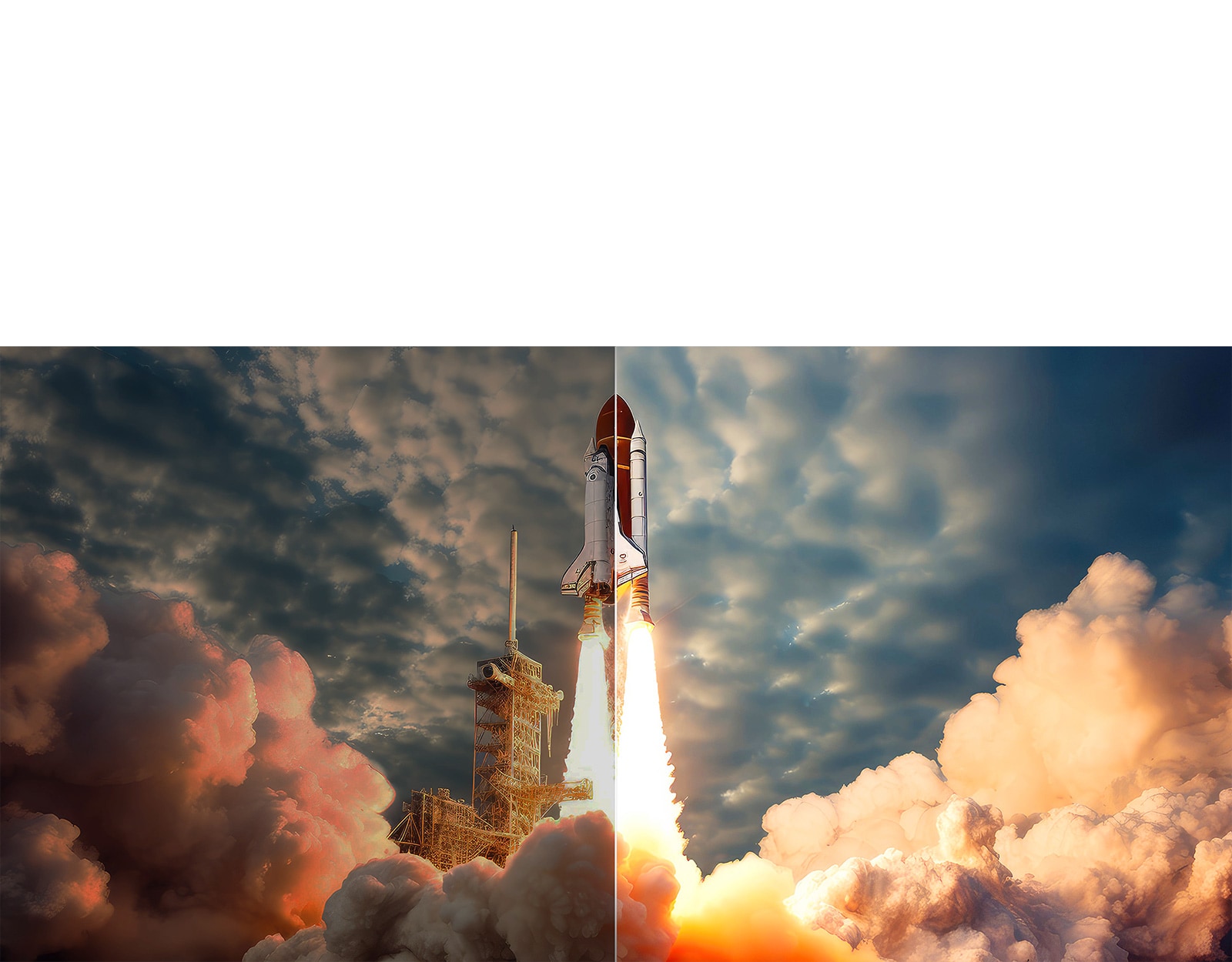 Scene of a space shuttle launch that's split in half. One half of the scene is bright and vivid thanks to the LG brightness boosting algorithms. The other half is dark, faded, and gray. 