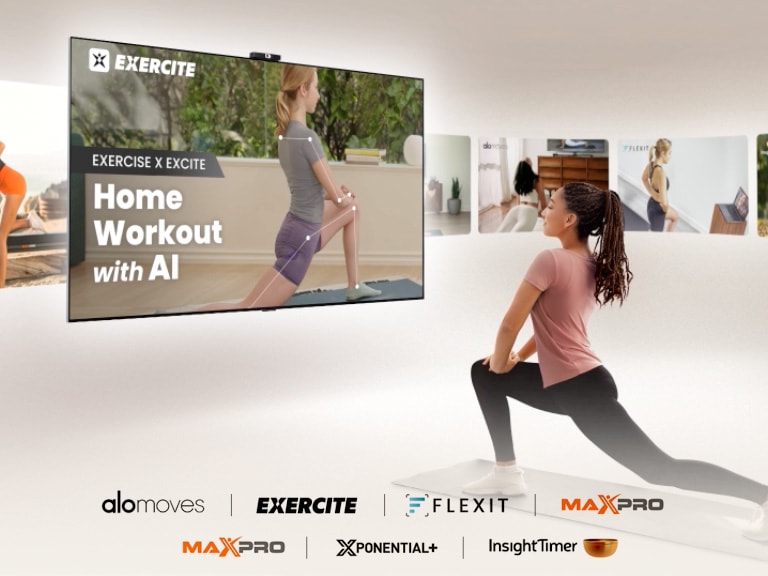 Woman exercising while watching workout videos on LG TV, with various fitness content like yoga and meditation swiping across the screen, showcasing LG TV as a versatile fitness companion.