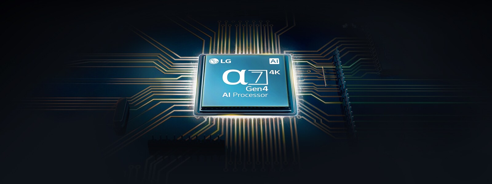 An image of the Alpha 7 square chip with lines of light radiating away from it on a black background.