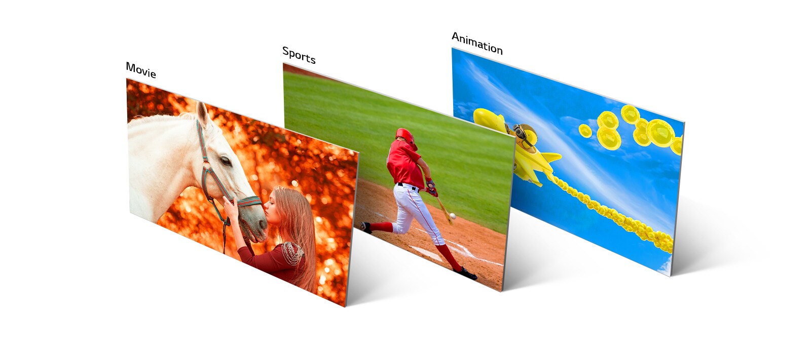 Three images, one showing a girls kissing a horse, the second a baseball player hitting a ball, and the third showing an animated airplane flying through the sky.