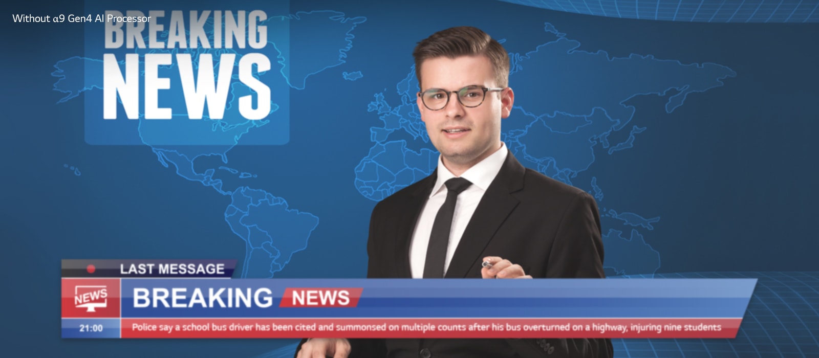 Slider comparison of picture quality of an anchor delivering breaking news with background of world map.