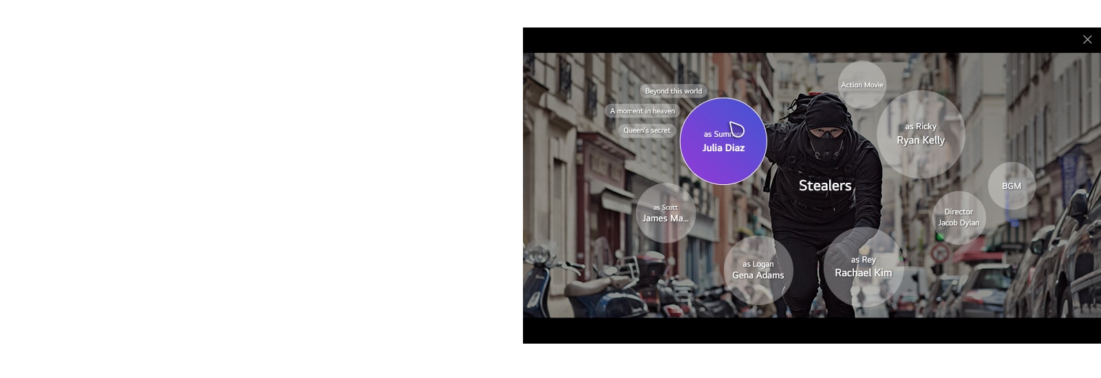 A TV screen displaying a man riding a bike in a black uniform and contents related informaiton such as a directro, an actor, music, and so on.