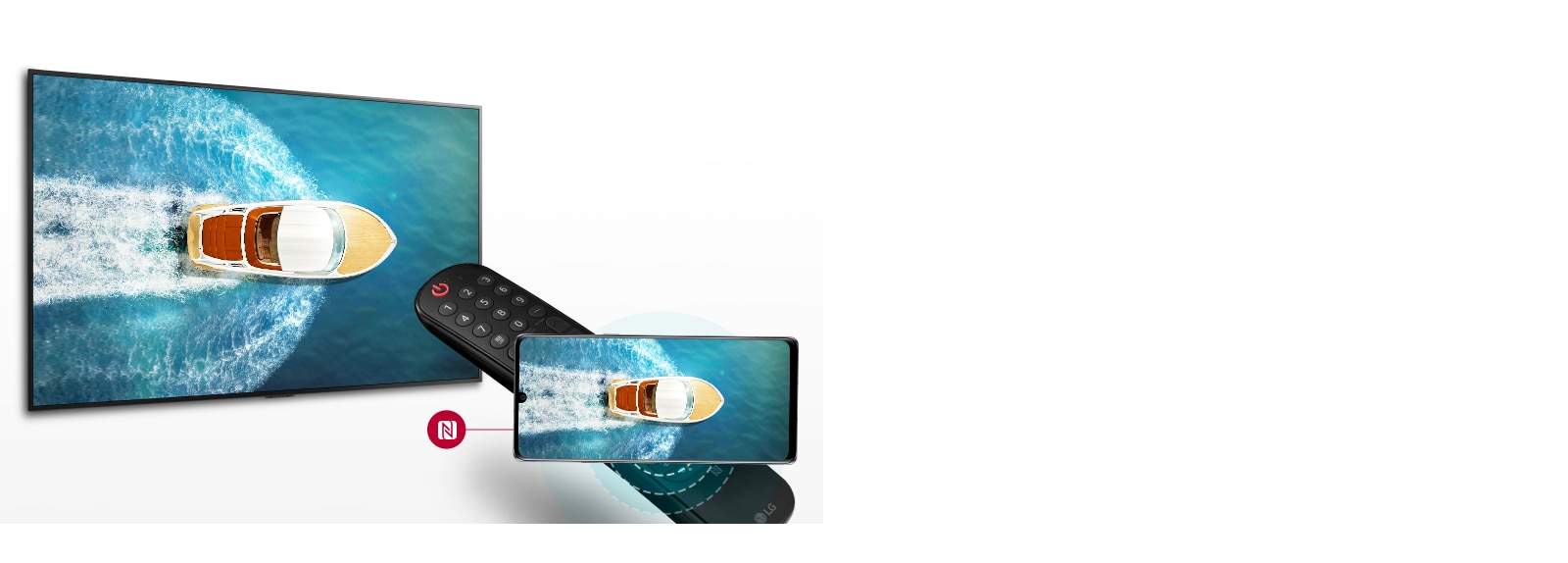 A mobile device displaying a yacht sailing in the sea taps a remote contral to mirror the same image ona TV screen.