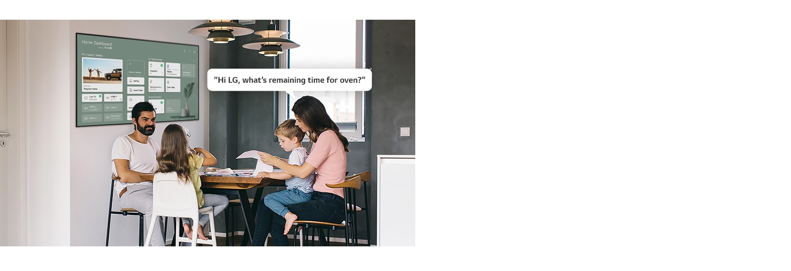 Family sitting at a table with mother asking TV remaining time for the oven.