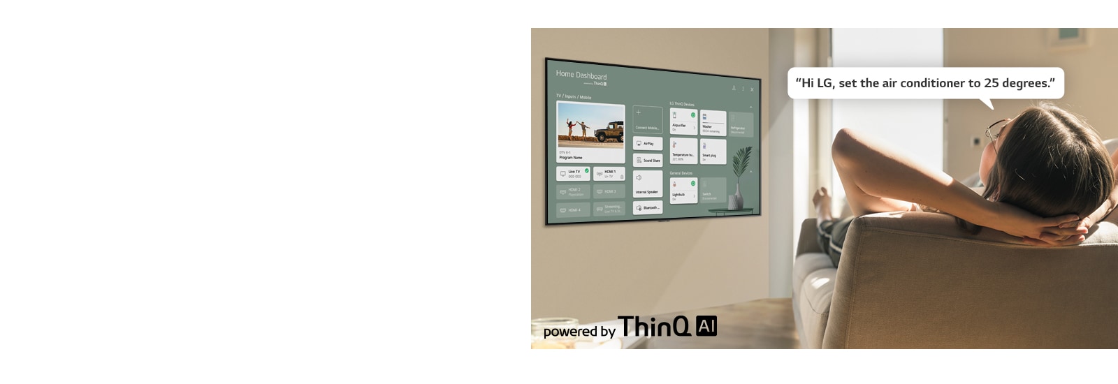 Woman lying on a sofa telling TV to lower the temperature with Home Dashboard on the TV screen.