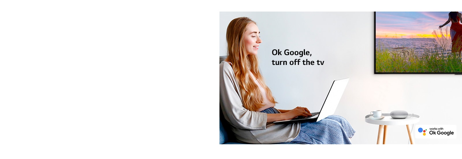 A woman sitting on a couch with a laptop in a room with a TV on a wall commands an AI speaker to turn off the TV.