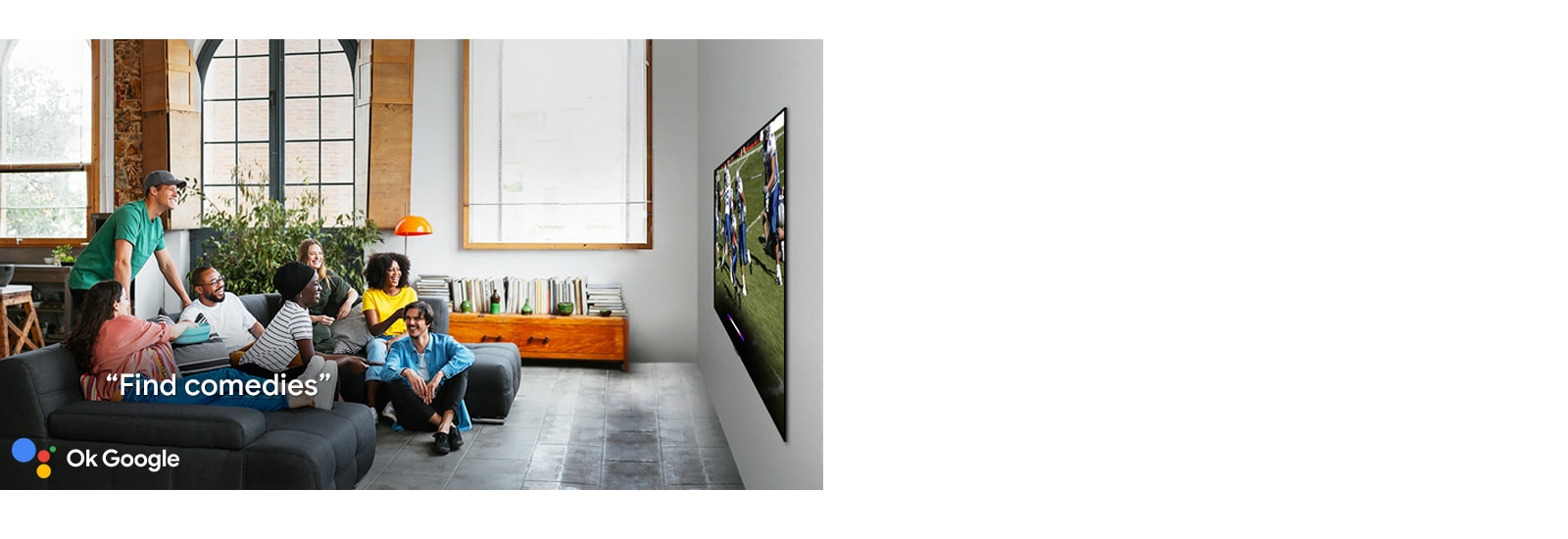 Woman watching football on TV with friends and asking the Google Assistant to find comedies.