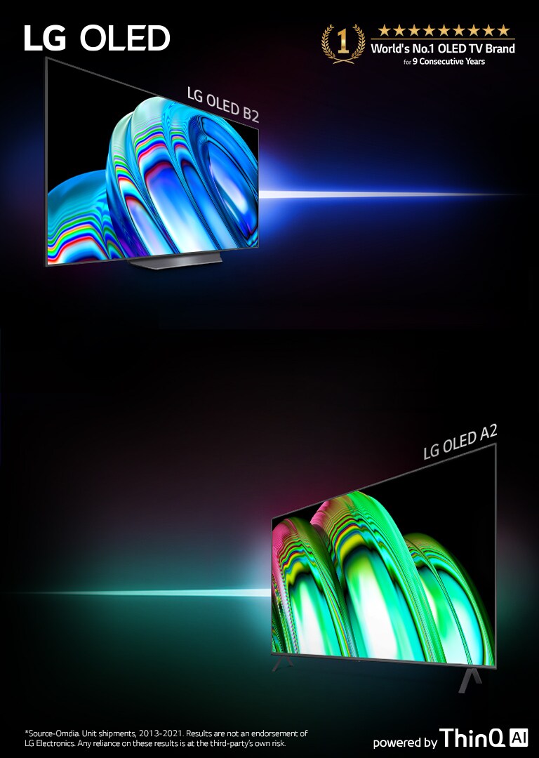 The scene where the OLED TV frame is overlapped with the image showing a tree shining in pink. The 'World's No.1 OLED TV Brand' logo was placed on the upper right. The 'powered by ThinQ AI' logo was placed at the bottom right. 'LG OLED evo' logo was placed on the upper left corner. There is a FIND OUT MORE button at the bottom center.