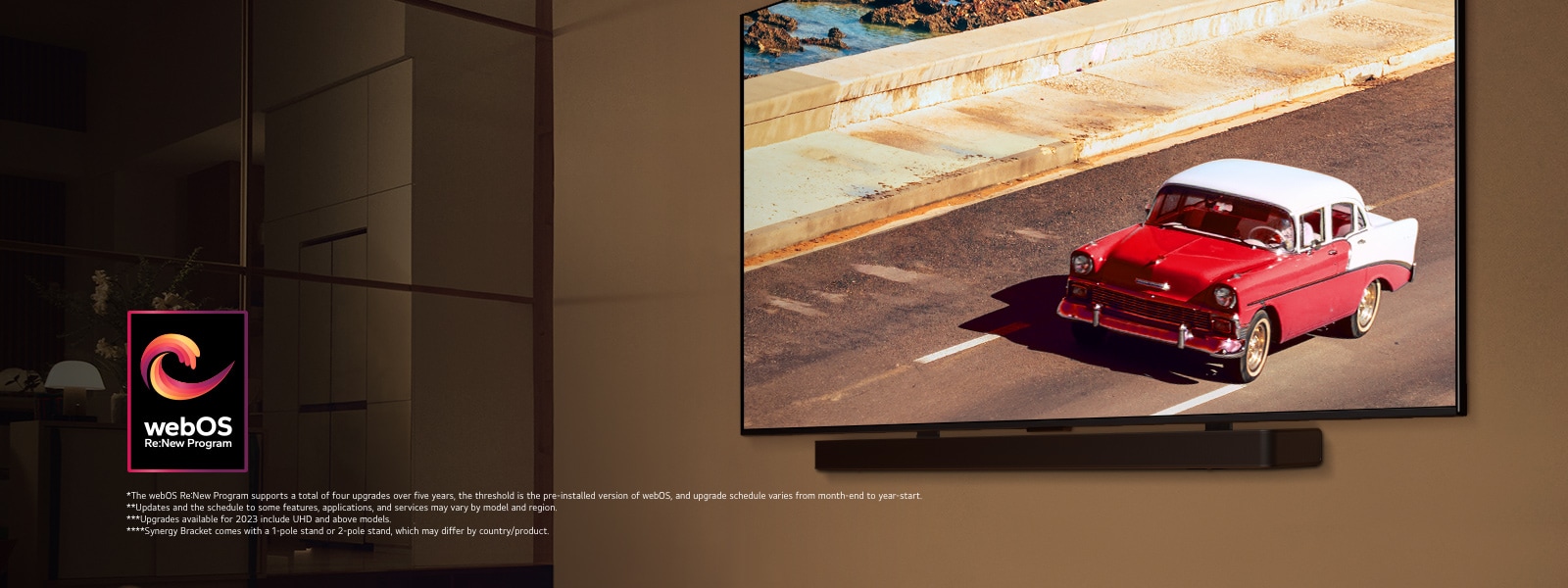 LG QNED TV and Soundbar mounted on a wall in a softly lit room. On the TV, a red vehicle on the road is displayed. The "webOS Re:New Program" logo is in the image. A disclaimer reads: "The webOS Re:New Program supports a total of four upgrades over five years, the threshold is the pre-installed version of webOS, and upgrade schedule varies from month-end to year-start." "Updates and the schedule to some features, applications, and services may vary by model and region."