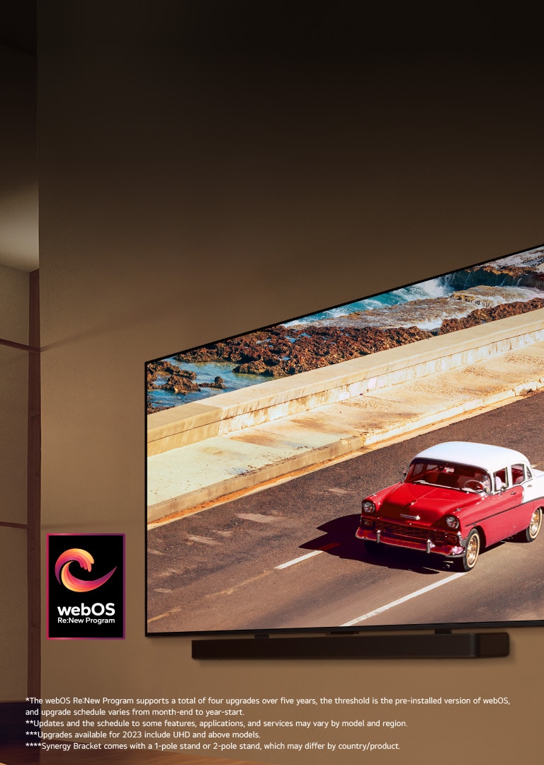 LG QNED TV and Soundbar mounted on a wall in a softly lit room. On the TV, a red vehicle on the road is displayed. The "webOS Re:New Program" logo is in the image. A disclaimer reads: "The webOS Re:New Program supports a total of four upgrades over five years, the threshold is the pre-installed version of webOS, and upgrade schedule varies from month-end to year-start." "Updates and the schedule to some features, applications, and services may vary by model and region."