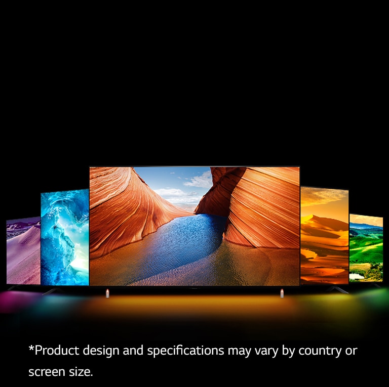 There are five QNED TVs – one in the middle facing forward. Two are placed on the left side and two are placed on the right side. There is purple desert image at night on very left TV, blue icy cave on second left TV, orange-colored cliffs on blowhole facing each other on middle TV, bright yellow desert on right TV, and vast open green field on very right TV.  