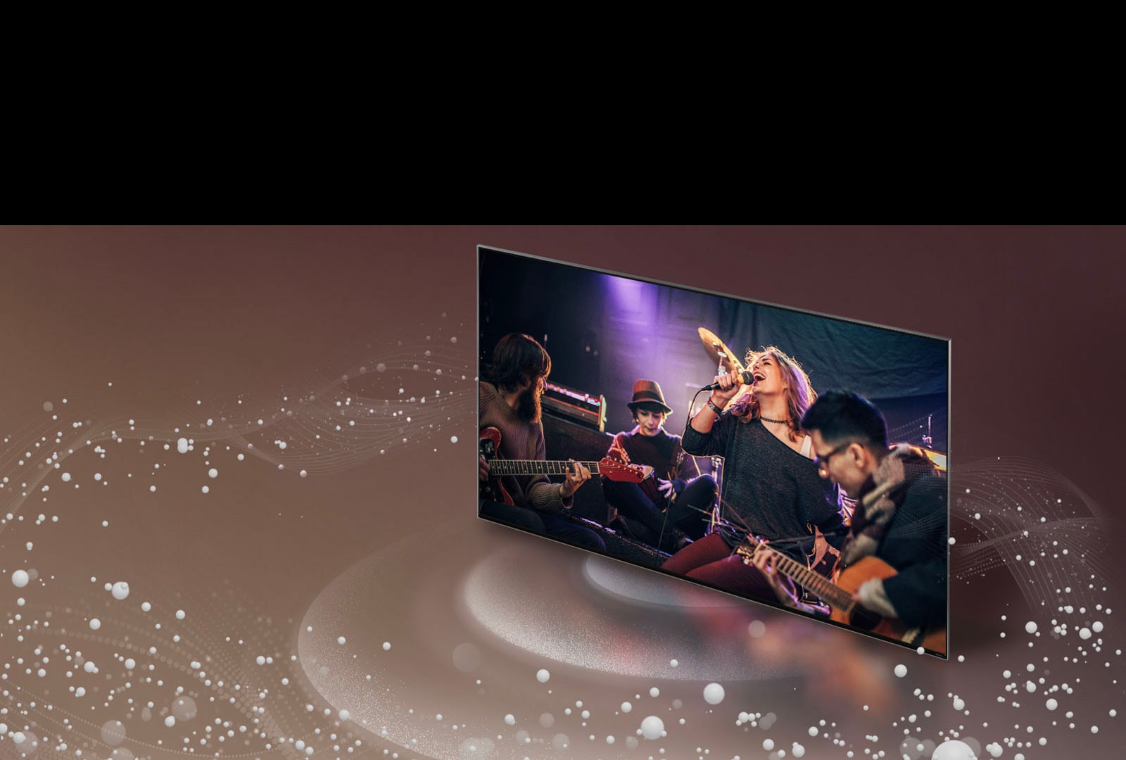 LG TV as sound bubbles and waves emit from the screen and fill the space.
