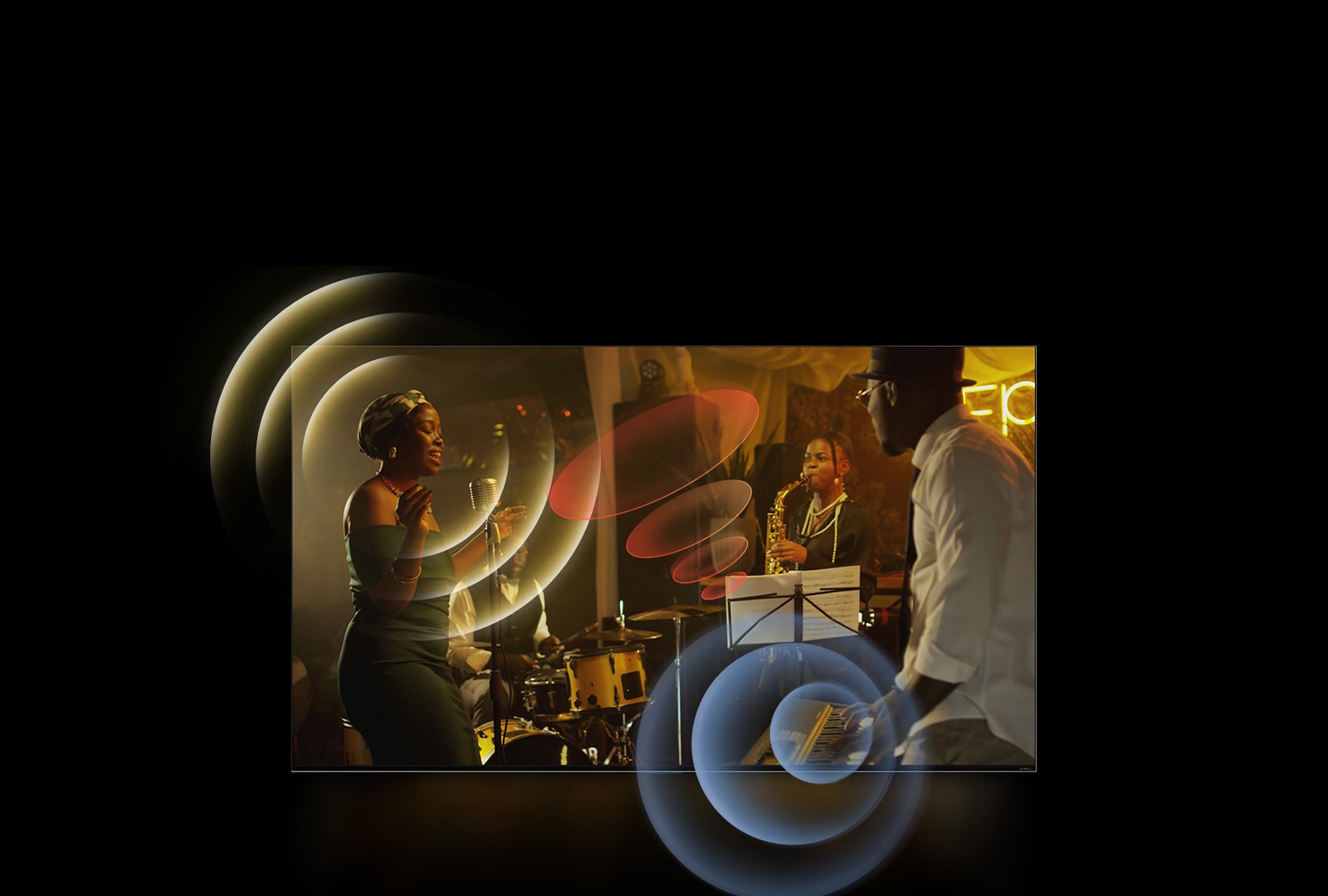 LG TV showing musicians performing, with bright circle graphics around the space.