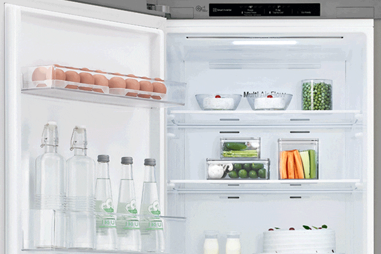 The refrigerator is shown with the door opening to the left instead of the more common right to show it is customizable.
