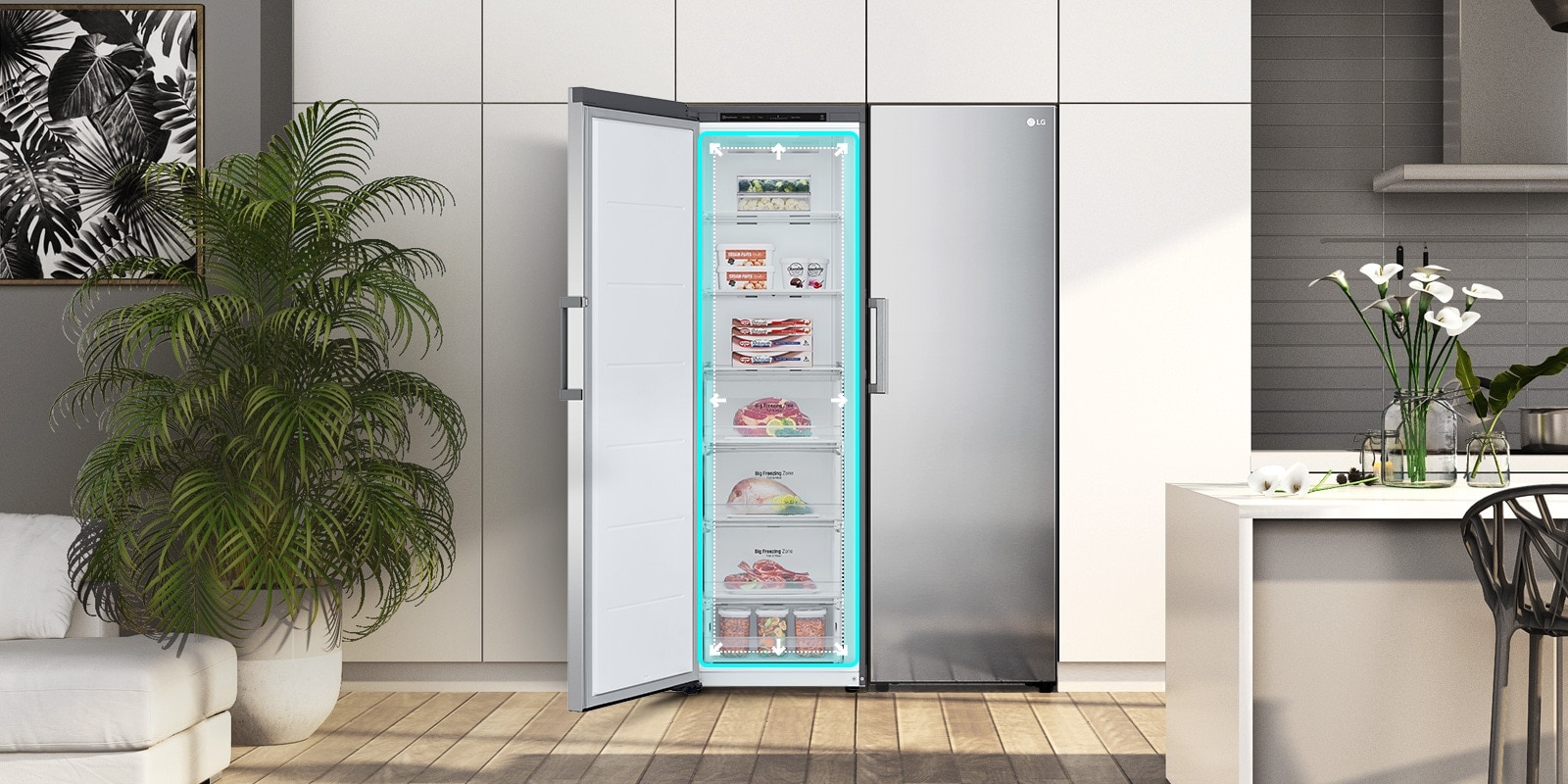 The freezer is shown from the front with the door open and a blue square and arrows pushing out highlighting the ample space inside.