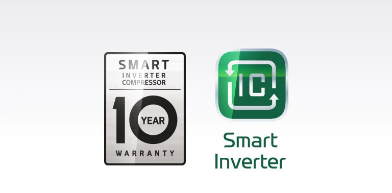 The Smart Inverter Compressor 10 Year Warranty icon next to the Smart Inverter Compressor icon.