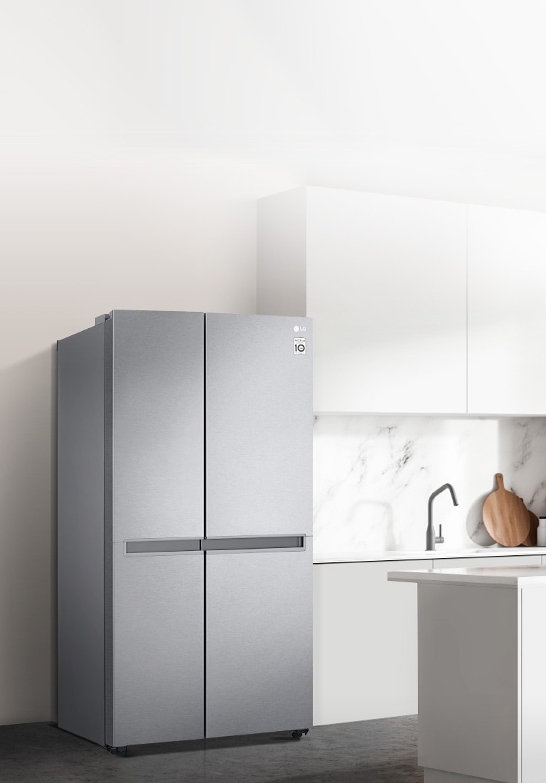 A side view of a kitchen with a black InstaView refrigerator installed.