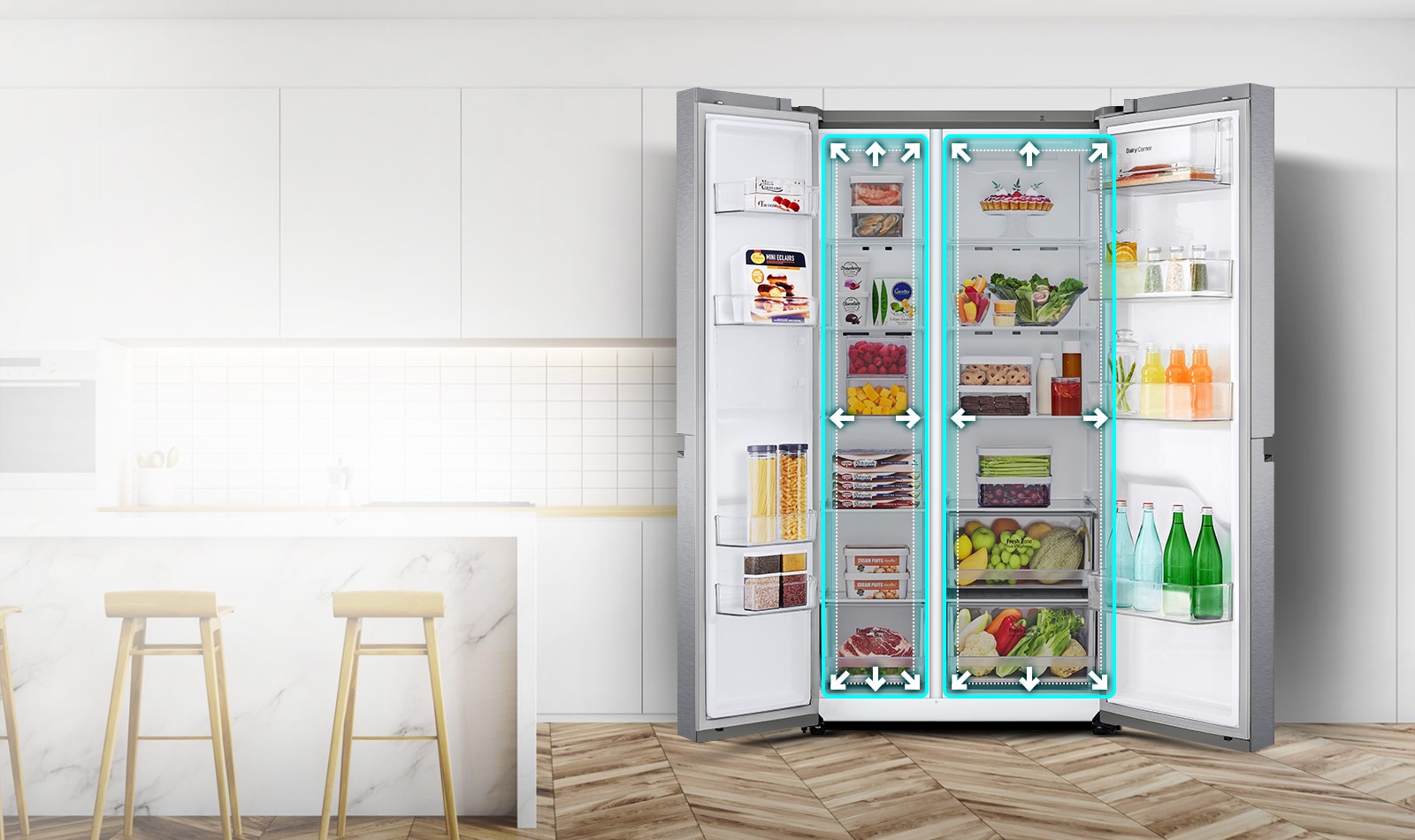 A video begins with the front view of the refrigerator with both doors wide open. The interior spaces are outlined in a neon lines and arrows begin to push the lines out to show that there is now more space inside. The neon square around the interior spaces flashes to show the difference between the new space and the old smaller space which is now outlined in a dotted white line.