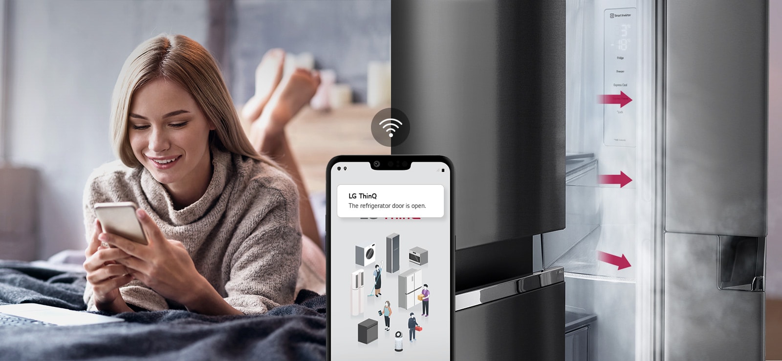A woman lounges on a bed looking at her phone screen on one image. The second image shows that the refrigerator door has been left open. In the foreground of the two images is the phone screen which shows the LG ThinQ app notifications and the Wifi icon above the phone.
