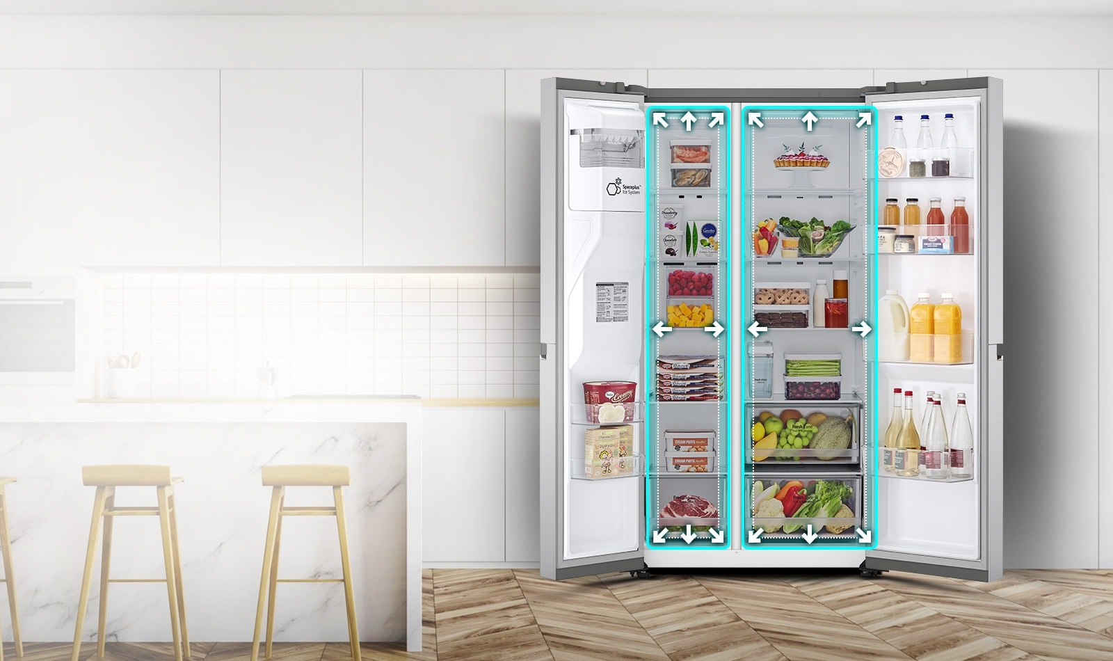 A video begins with the front view of the refrigerator with both doors wide open. The interior spaces are outlined in a neon lines and arrows begin to push the lines out to show that there is now more space inside. The neon square around the interior spaces flashes to show the difference between the new space and the old smaller space which is now outlined in a dotted white line.