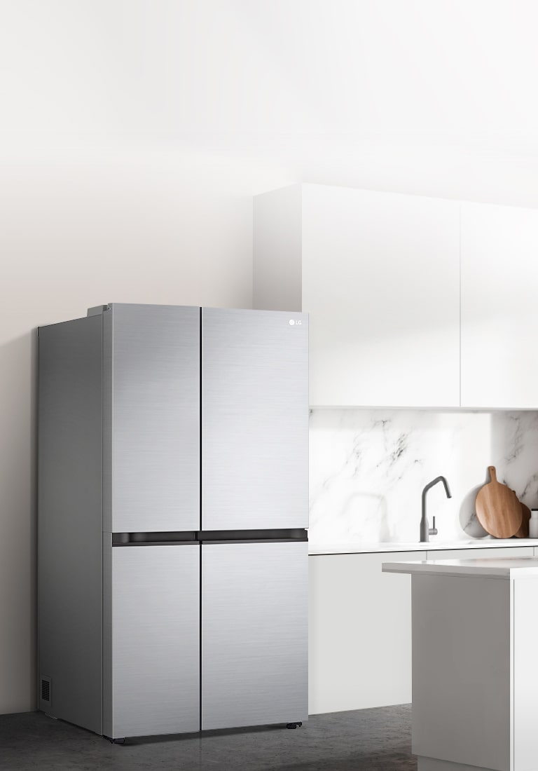 A side view of a kitchen with a black InstaView refrigerator installed.