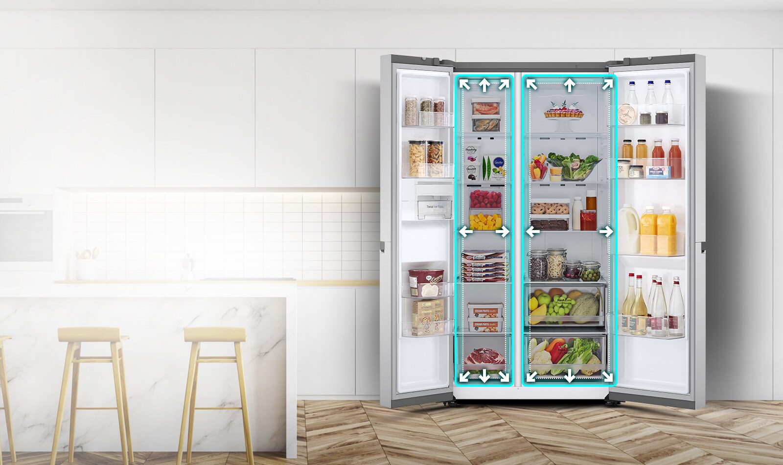 A video begins with the front view of the refrigerator with both doors wide open. The interior spaces are outlined in a neon lines and arrows begin to push the lines out to show that there is now more space inside. The neon square around the interior spaces flashes to show the difference between the new space and the old smaller space which is now outlined in a dotted white line.