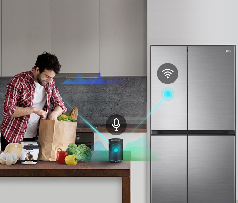 A man stands in a kitchen unloading produce from a grocery bag and speaks, shown by volume bars moving up and down near him, to the AI speaker on the counter telling it to "turn on express freeze". A line appears that goes from the man to the AI speaker which has a microphone icon above it. Then volume bars show up near the AI speaker and a line appears from the AI speaker to the refrigerator which has a Wifi icon above it.