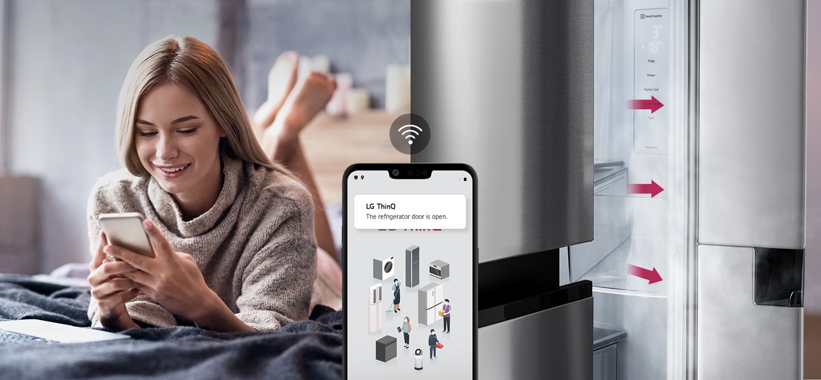 Image on the left shows a woman standing in a grocery store looking at her phone. Image on the right shows the refrigerator front view. In the center of the images is an icon to show connectivity between the phone and refrigerator.