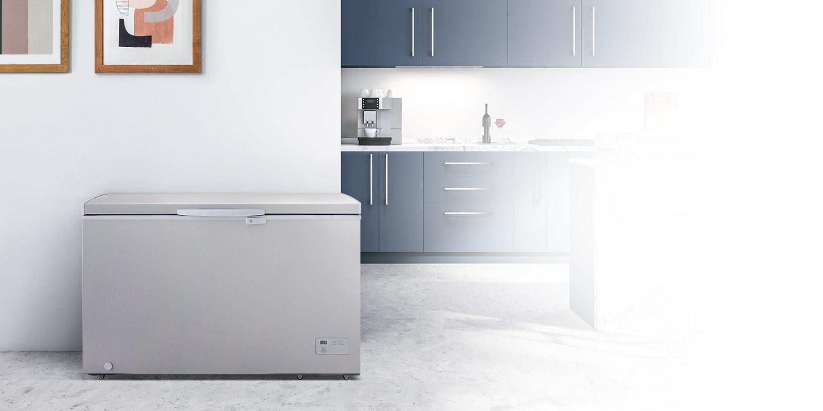 There is a refrigerator in the modern interior