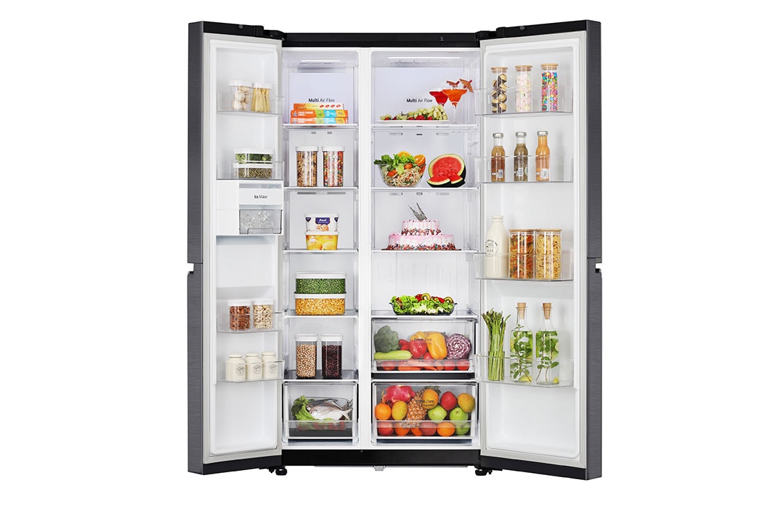 LG 674L Side-by-Side Refrigerator with Multi Air Flow, Multi Digital Sensors, Smart Diagnosis™, Matte Black Finish, 3-Star, Front all door open with food view, GC-B257KQJW, thumbnail 2